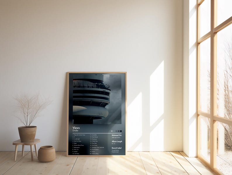 May include: A framed poster featuring a dark image of a building with a circular design. The poster includes the text "Views" and a tracklist. The poster is displayed in a room with a wooden floor, a window, and a small plant.