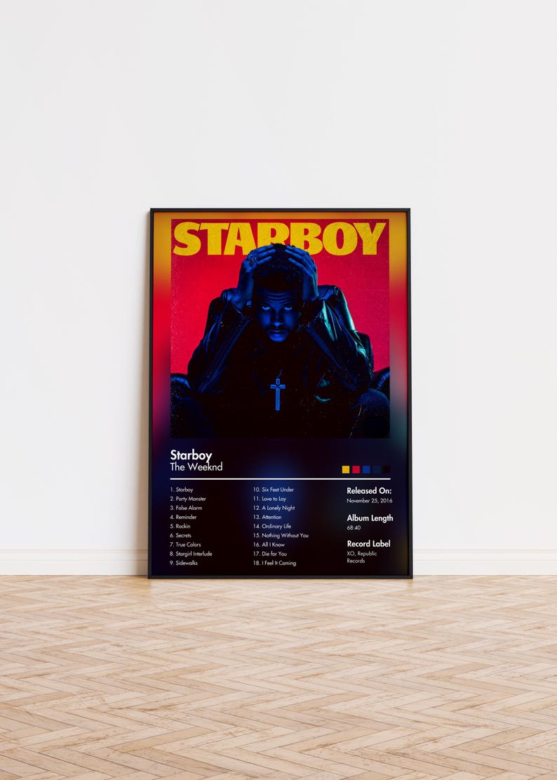 May include: A framed poster for The Weeknd's album "Starboy." The artwork features a blue-toned image of a person with hands on their head, a cross pendant, and the album title in yellow. The poster includes a tracklist and album details.