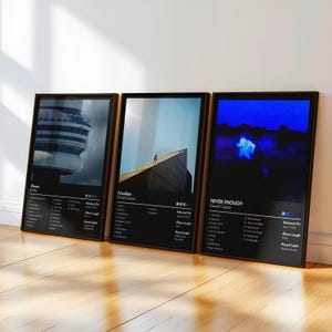 May include: Three framed album art posters. The posters feature album art with black backgrounds and text. The poster on the left is titled "Views" by Drake. The middle poster is titled "Freudian" by Daniel Caesar. The right poster is titled "NEVER ENOUGH" by Daniel Caesar.