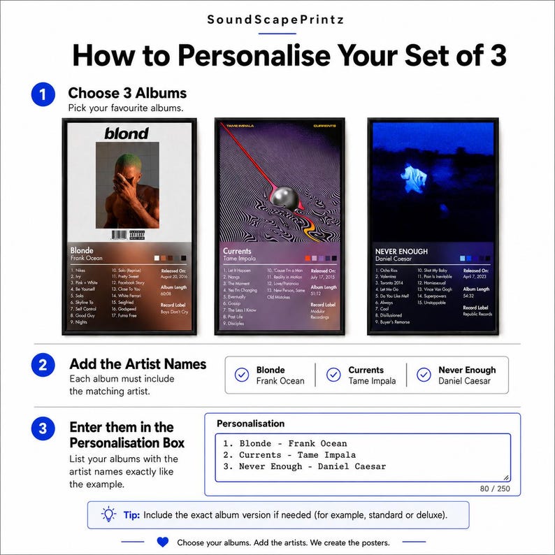 May include: A graphic showing how to personalize a set of three album posters. The steps include choosing albums, adding artist names, and entering them in a personalization box. The albums shown are Blonde by Frank Ocean, Currents by Tame Impala, and Never Enough by Daniel Caesar.