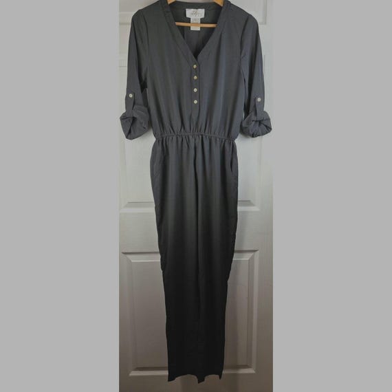 JB Julie Brown Jumpsuit Black RollUp Long Sleeve ButtonUp VNeck OnePiece S~Small