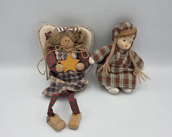 2 primitieve volkskunst engel ster ornament en pop handgemaakte doek land jaren 90