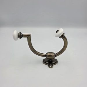 Antique Brass White Porcelain Knobs Coat Double Hooks Two Prong Wall Mount