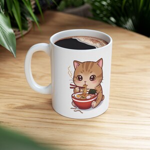 Cute Cat Ramen Noodle Ceramic Mug, Kawaii Cat Lover Gift, Coffee Tea Cup, Animal Mug for Birthday, Gift for Cat Owners, Cute Kitchen Decor