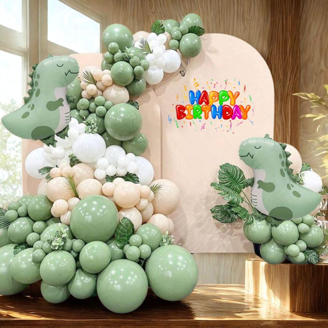 147pcs Dinosaur Birthday Party Decor Kit, Green White Orange Balloon Garland with Foil Dino Balloon for Jurassic Theme, Baby Shower, Holiday