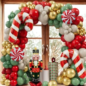 168pcs Christmas Balloon Garland Kit, Red, Sage Green, Gold, White Sand Balloons with Candy, Cane, Nutcracker Balloons for Christmas Decor