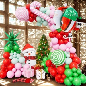 125Pcs Christmas Balloon Garland Arch Kit, Pink Green Red Balloons, Candy Cane Santa Foil Balloon for Christmas Birthday Party Decoration