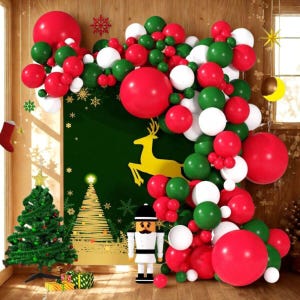 129pcs Christmas Balloon Garland Arch Kit, Green, White Sand, Red Balloons for Merry Christmas, New Year Party Decorations