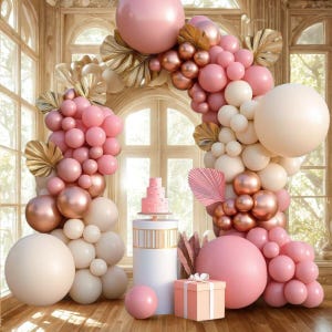 134Pcs Retro Blush Pink Balloon Arch Garland Kit, Metallic Rose Latex Balloon for Birthday, Bridal Shower, Boho Baby Shower Party Decoration