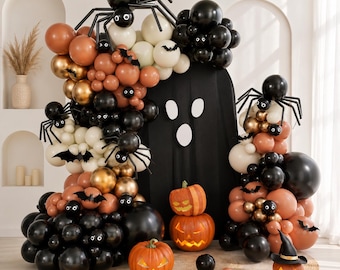176Pcs Halloween Balloon Garland Arch Kit With Black Orange White Gold Spider Eyeball And Bat Balloons