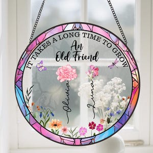 Apanhador de sol de vitral para melhores amigas, flor personalizada para o mês de nascimento de melhores amigas, presente para irmãs de alma, presente de amizade, presente de aniversário para melhores amigas