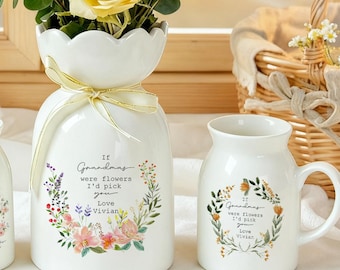 Personalised If…were flowers I'd pick you Mum Nanna Grandma Wildflower Vase, Auntie Gifted Vase, Ceramic Flower Vase for Mama, Birthday Gift