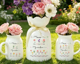 Personalized First Mom Now Grandma Flower Vase, Custom Birth Month Flower Vase with Grandkids Name, Birthday Gift for Nana, Mothers Day Gift