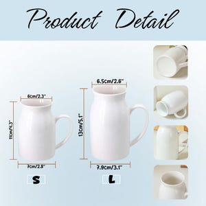 May include: White ceramic mugs in two sizes, labeled S and L. The smaller mug is 11 inches tall, 2.3 inches wide, and 2.8 inches in diameter. The larger mug is 5.1 inches tall, 2.6 inches wide, and 3.1 inches in diameter. The text "Product Detail" is at the top.