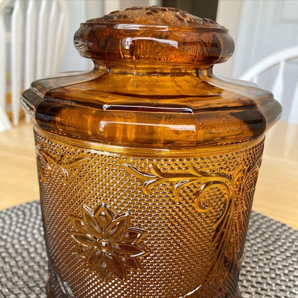 Vintage Tiara Exclusives Sandwich Glass Canister - Amber - Medium - NWOB