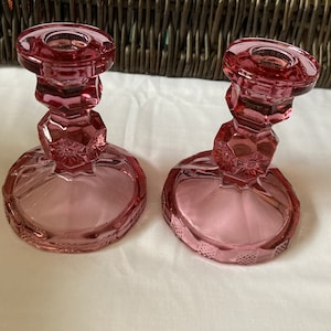 RARE Vintage Tiara Exclusives Glassware - Baroness Candle Holders - Pair - Dusty Rose - NIOB