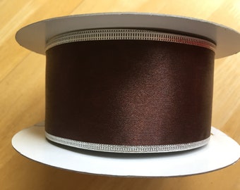 Dark Brown Silver Edged 100% Polyester Wire Ribbon  - 2 1/2" - On Roll - NOT FULL ROLL