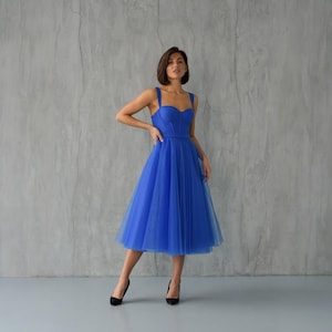 Blue Prom Dress | Tulle Corset Midi Dress | Elegant Graduation Gown | Custom Party Dress for Women | Fairytale Evening Dress Size S M