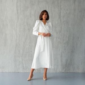Satin Civil Wedding Dress Milk White Wrap Midi Bridal Dress for Courthouse Ceremony Engagement or Bridal Shower Elopement Gown Size S M L