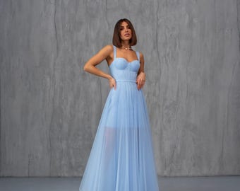 Sky Blue Tulle Prom Dress: A-line Lace Formal Gown - Etsy