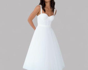 Short wedding dress Ivory White Off Shoulder Tulle Midi Civil Dress for summer Romantic Strapless Dress Elopement Engagement Gown Size S M