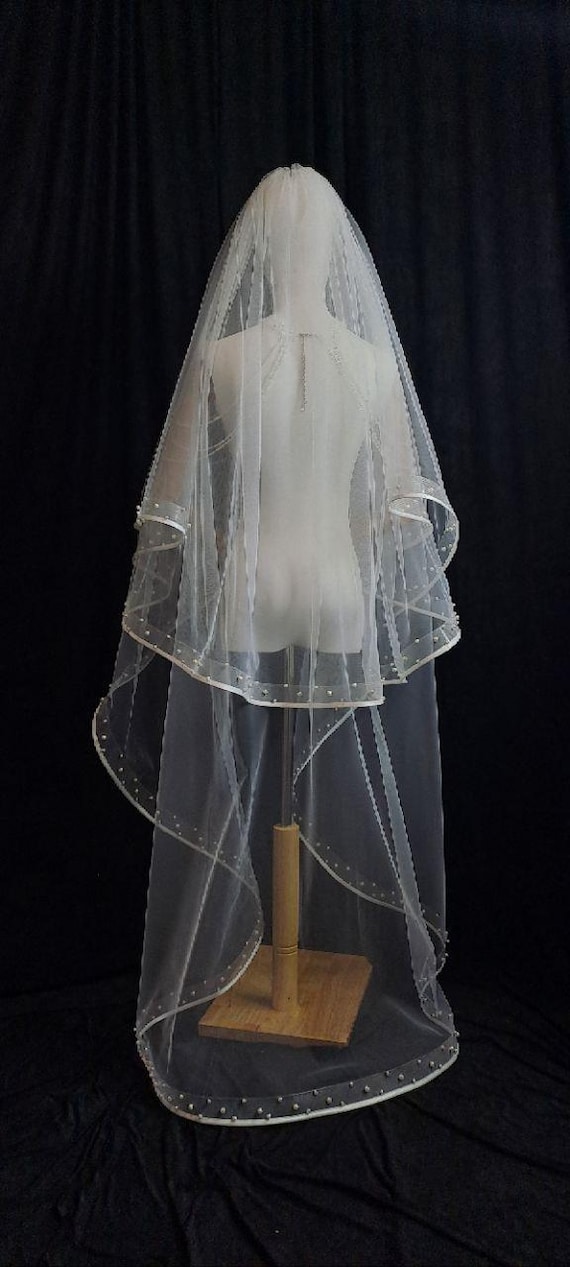 Elegant Handmade White Pearl Cathedral Wedding  Veil TV10/ Pearl Wedding Veil. Cathedral-length Tulle Veil. Long  main image 3