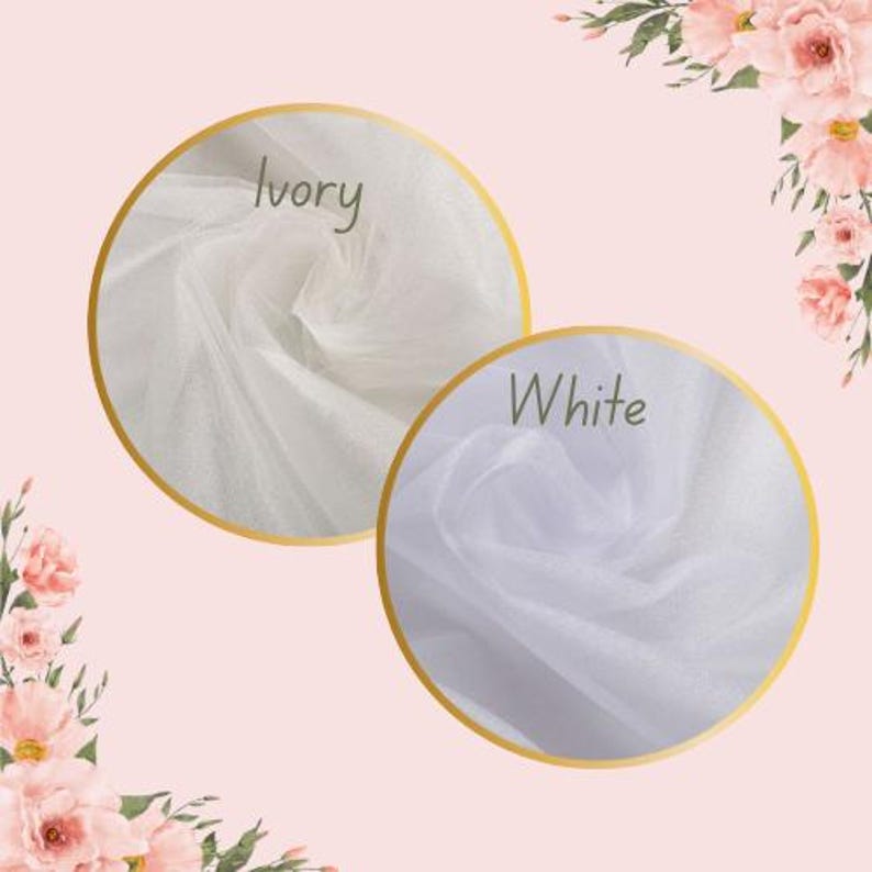 May include: Two samples of sheer fabric, one ivory and one white, are displayed in gold-rimmed circles. The word "Ivory" is written above the ivory sample, and "White" above the white sample. Floral arrangements frame the image.