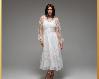 Embroidered White Midi Dress: Long Fabric Costume With Gold Thread Sizes  S–5XL