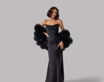 Zwart satijnen galajurk voor vrouwen Fairy galajurk lange jurk met open rug en tule bolero spaghettibandjes Avondjurk maxi maat S M