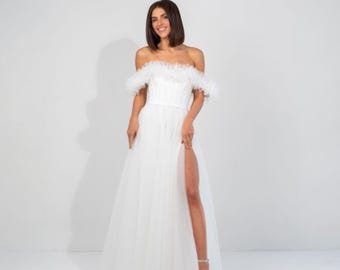 Korsettbrudklänning för kvinnor Klänning Elopment Civil brudklänning Mjölkvit Off Shoulder Tyll Maxi Formell Klänning Romantisk Förlovningsklänning S M