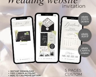May include: Three smartphones displaying a wedding website invitation. The screens showcase design elements like floral accents, a countdown timer, and RSVP options. Text includes "Wedding website invitation" and "5 pages custom template."