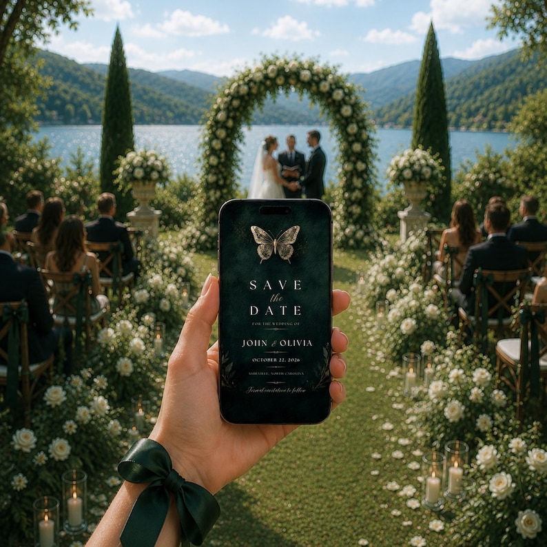 May include: A smartphone displaying a dark green digital Save the Date card featuring a gold butterfly graphic and the text Save the Date, John and Olivia, October 22, 2026. The phone is held against a backdrop of an outdoor wedding ceremony.