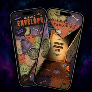 May include: Two smartphones displaying an animated envelope design with a patchwork quilt pattern featuring stitched fabric textures, cartoon faces, bones, and brains. The screens show text including ANIMATED ENVELOPE, REUSABLE, USE WITH ANY INVITATION, and YOUR OWN INVITATION HERE.