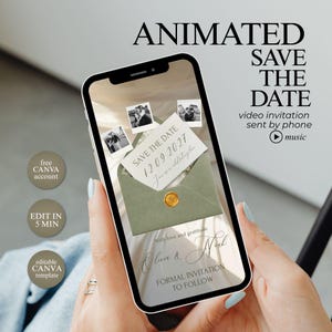May include: A smartphone screen displays an animated digital save the date invitation featuring a sage green envelope with a gold wax seal, a white card with the text 12.09.2027, and small photo frames against a soft, draped fabric background.