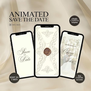 Może przedstawiać: Trzy smartfony wyświetlające animowany szablon zaproszenia ślubnego Save the Date. Ekrany pokazują eleganckie kremowe tła z ozdobnymi białymi wzorami filigranowymi, grafikę pieczęci lakowej oraz tekst Save the Date i Olivia & John.