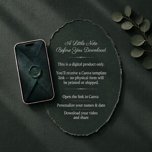 May include: A smartphone displaying a dark envelope with a wax seal next to a dark oval slate sign with white text that reads: A Little Note Before You Download. This is a digital product only. You'll receive a Canva template link.