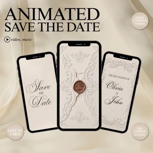 Op de afbeelding: Drie smartphones met een geanimeerde save the date-sjabloon. De schermen tonen crèmekleurige achtergronden met elegante tekst Save the Date en For the Wedding of Olivia & John, plus een centrale envelop met een waszegel.