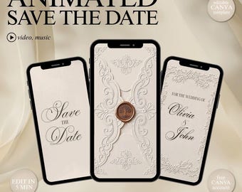 May include: Three smartphones displaying an animated save the date template. The screens show cream-coloured backgrounds with elegant script text reading Save the Date and For the Wedding of Olivia & John, plus a central envelope with a wax seal.
