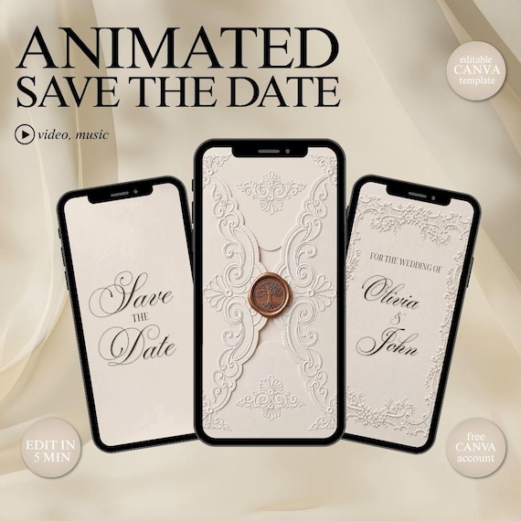 Animated Save the Date Video Invitation, Editable Canva Wedding Template, RSVP Website, QR Code, Ivory Envelope, Instant Download