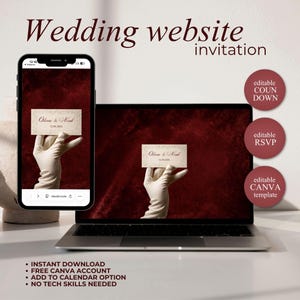Puede incluir: Un portátil y un smartphone muestran un diseño de invitación de boda. La tarjeta de invitación es sostenida por una mano enguantada contra un fondo burdeos. El texto incluye "Invitación de sitio web de boda" y viñetas sobre el producto.