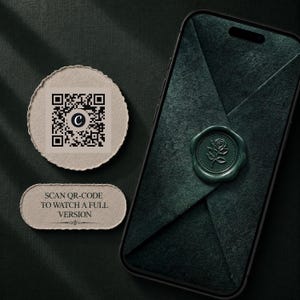 May include: A smartphone displaying a dark green envelope sealed with a wax rose emblem. Beside it, a circular paper tag features a black QR code with a central letter C, and an oval paper tag displays the text: SCAN QR-CODE TO WATCH A FULL VERSION.