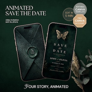 Könnte beinhalten: Zwei Smartphones zeigen eine animierte Hochzeitseinladung. Ein Bildschirm zeigt einen dunkelgrünen Umschlag mit einem Rosenwachssiegel, während der andere einen goldenen Schmetterling und den Text SAVE THE DATE, JOHN & OLIVIA, OCTOBER 22, 2026 zeigt.
