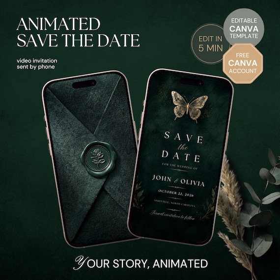 Butterfly Save the Date Video | Editable Canva Template | Emerald Green Gold Animated Wedding Invitation | Digital Video Invite