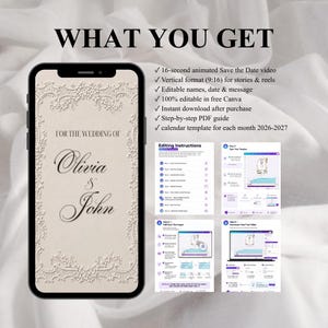 May include: A digital template for a wedding Save the Date video, displayed on a smartphone screen with a cream-coloured lace border and the names Olivia & John. The text lists features including a 16-second video, editable fields, and a PDF guide.