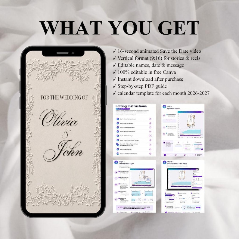 May include: A digital template for a wedding Save the Date video, displayed on a smartphone screen with a cream-coloured lace border and the names Olivia & John. The text lists features including a 16-second video, editable fields, and a PDF guide.