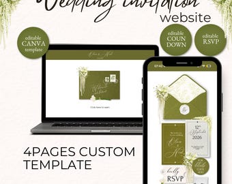 Modèle de site Web de mariage floral vert olive | RSVP sur toile modifiable (téléchargement numérique)