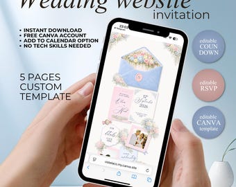Floral Wedding Website Template | Blue Pink Canva Invitation (Digital Download)