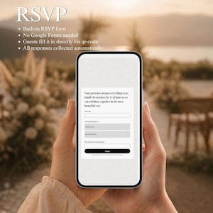 May include: A smartphone displaying a digital RSVP form with text fields for names, attendance status, and guest count, featuring a black submit button. The screen text reads: Your presence means everything to us. Kindly let us know by 15 of June.