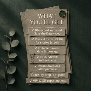 May include: A stack of textured, tan paper cards with deckled edges featuring the text: WHAT YOU'LL GET, 10-second animated Save the Date video, Vertical format (9:16) for stories & reels, Editable names, date & message, 100% editable in free Canva, Instant download after purchase, Step-by-step PDF guide, MP4 & GIF export options.