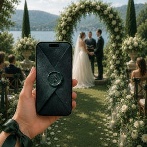 May include: A smartphone displaying a dark green textured envelope graphic with a central rose wax seal. The screen shows a deep forest green color with a matte finish, contrasting with the blurred outdoor wedding ceremony background.